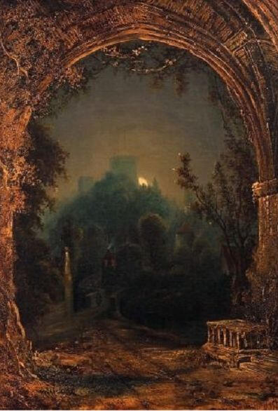 a painting of distant, towering castle at night, seen through an ornate stone arch covered in overgrowth. the arch is lit by warm light behind the viewer. its painted in a way to look blurry or fuzzy.