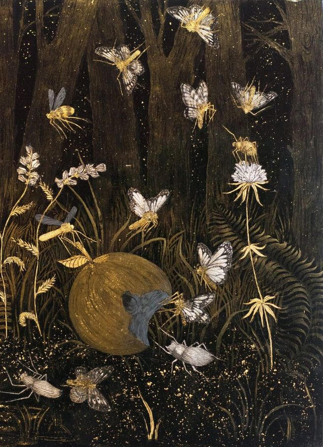 a painting of many small, yellow and white dragonflies, butterflies and other insects around and on a piece of fruit with a chunk taken out of it. the background is dark and wooded, and the foreground has a few tall, bright, white and gold flowers