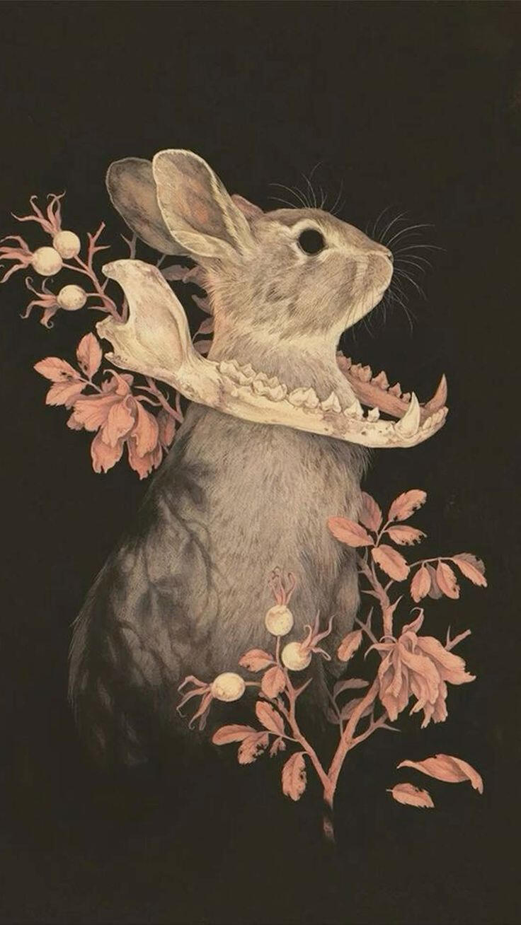 there is a painting of a rabbit on a dark background . the rabbit is surrounding by wilting flowers , with petals and leaves falling gently . around the rabbit's neck there is the jaw bone of a much larger animal . the rabbit is looking up with black eyes